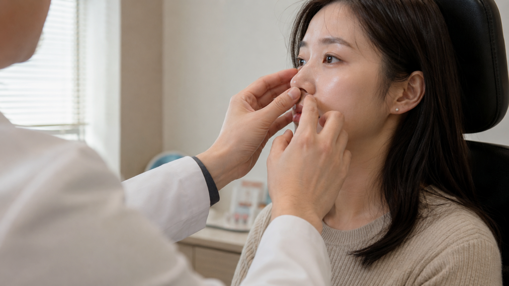 JW정원성형외과 성형외과 전문의가 코 상태를 진찰하는 모습
