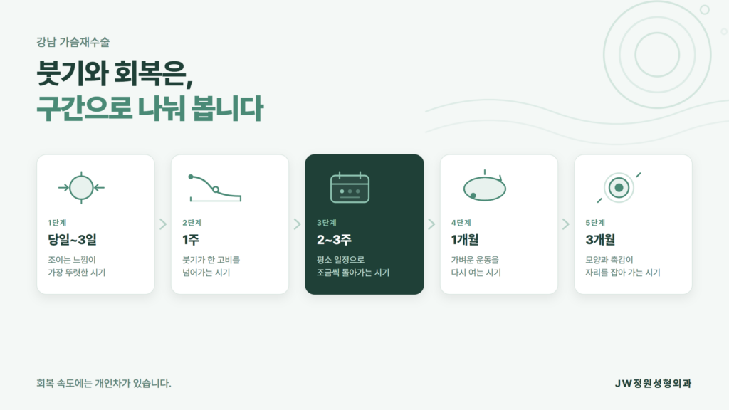 강남 가슴재수술 회복을 당일·1주·2~3주·1개월·3개월 다섯 구간으로 나눠 정리한 JW정원성형외과 자료 이미지