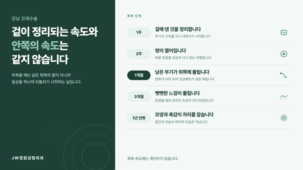 강남 코재수술 회복을 겉으로 보이는 회복과 코 안쪽 회복으로 나눠 정리한 JW정원성형외과 자료 이미지